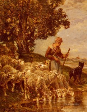 Charles Emile Jacque Painting - A Shepardess Watering Her Flock animalier Charles Emile Jacque